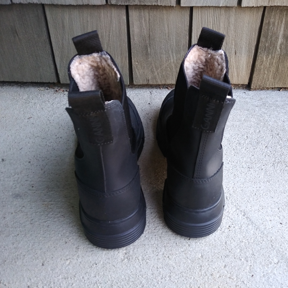 Ganni Black Lug Sole Chunky Heel Rubber Rain Ankle Boots Shoes Size 38 - Picture 5 of 10